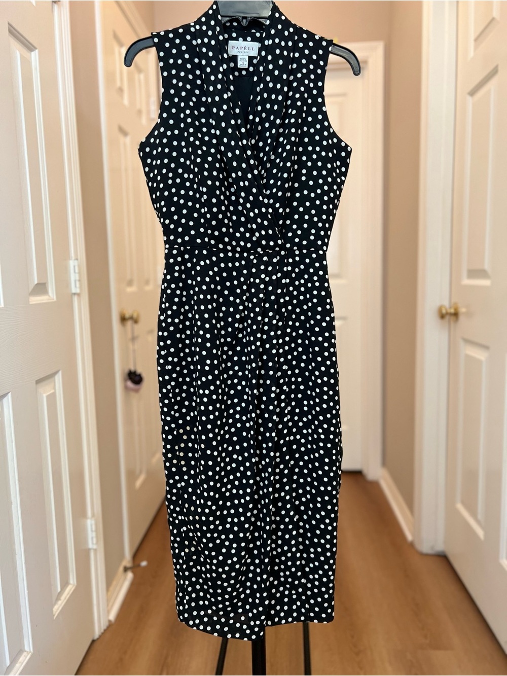 Adrianna Papell Black and White Polka Dot Sleeveless Midi Dress